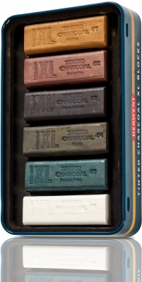 Carbune XL Derwent Proffesional, cutie metalica, solubil in apa, 6 culori/set, nuante pamantii